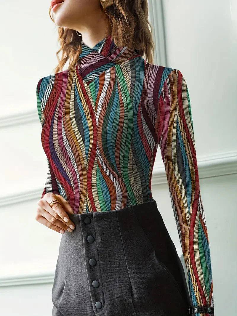 Langärmliges Oberteil mit Stehkragen und buntem Muster für Frauen