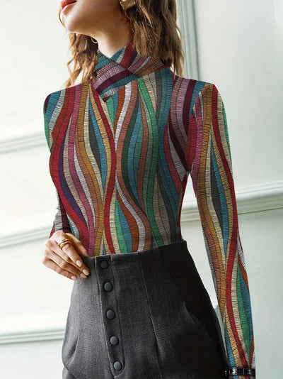 Langärmliges Oberteil mit Stehkragen und buntem Muster für Frauen