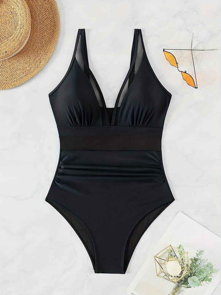Kathleen® | Einteiliger Badeanzug aus schwarzem Netzstoff mit Kontrast