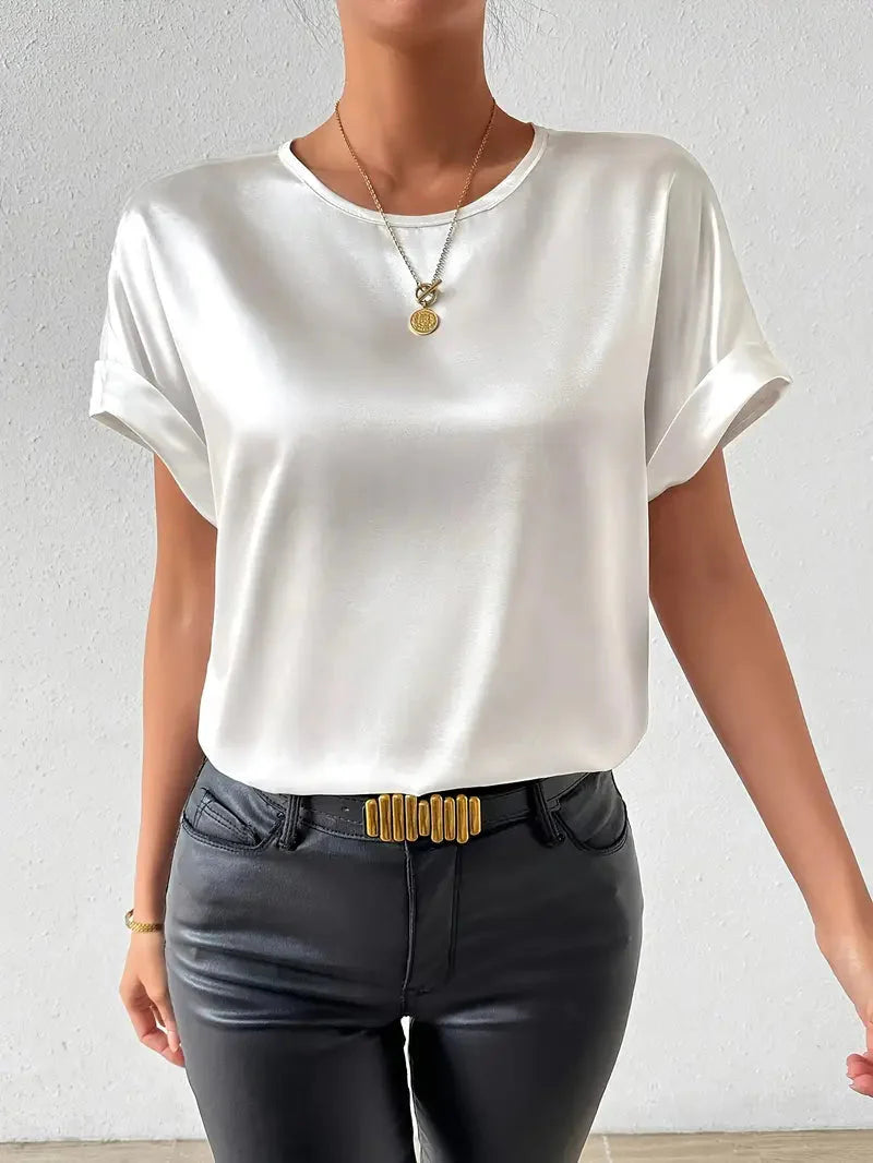 T Shirt mit Satin Finish und aufgerollten Ärmeln für Frauen