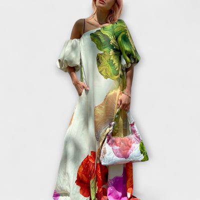 Skylar - Floral Print Maxi Dress with Asymmetrical Neckline and Puff Sleeves