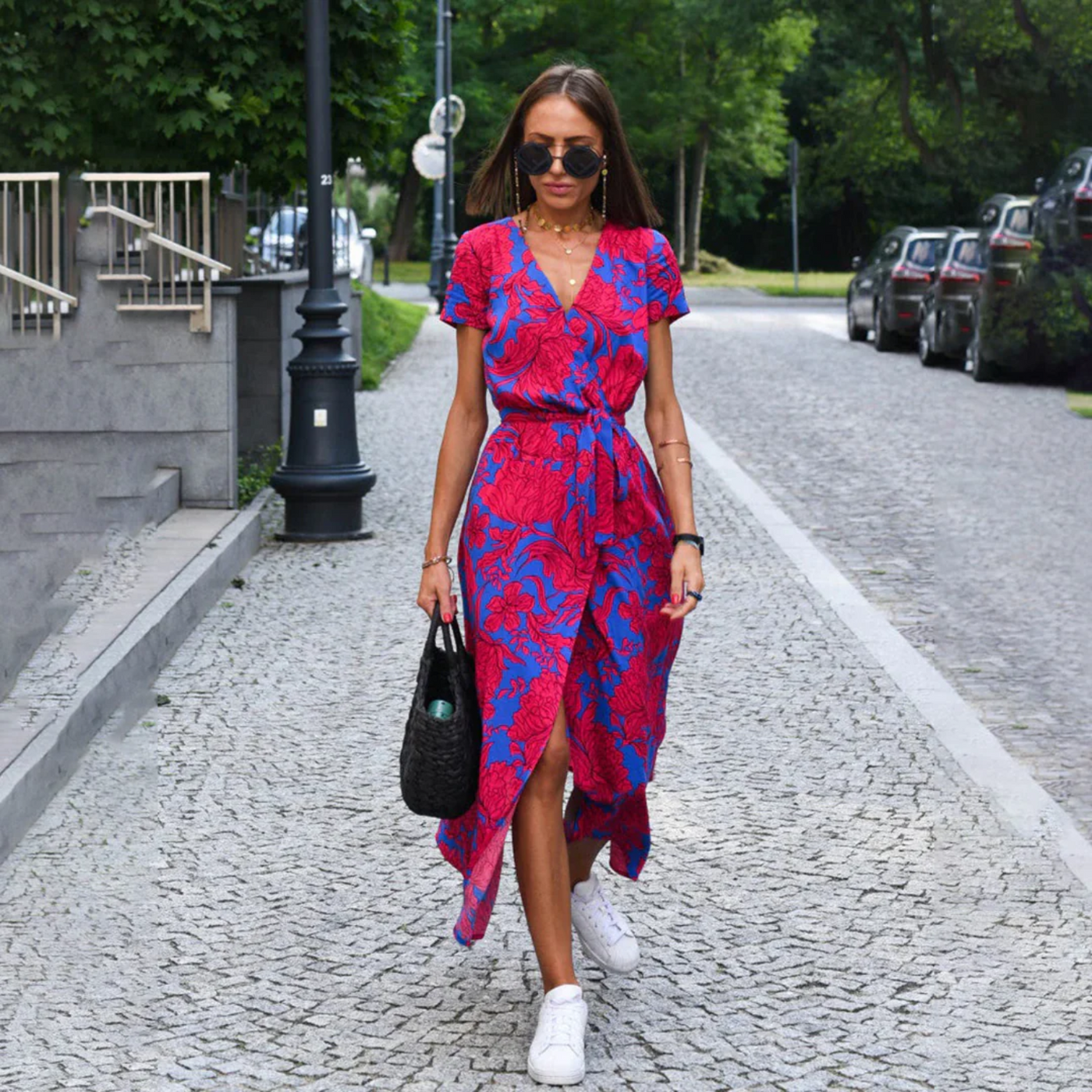 V-Ausschnitt Bedrucktes Kleid mit Schlitz für Damen