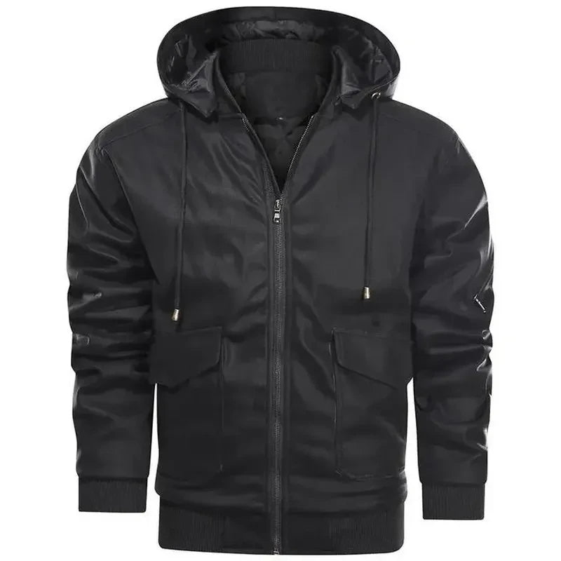 Herren Vegan Lederjacke mit Kapuze