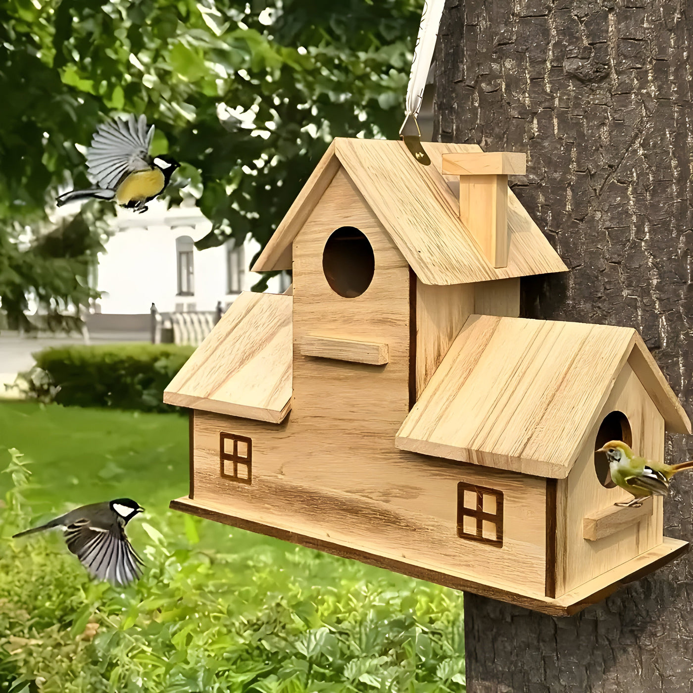 WoodlandBird House- Wooden Hanging Birdhouse with 3-Hole