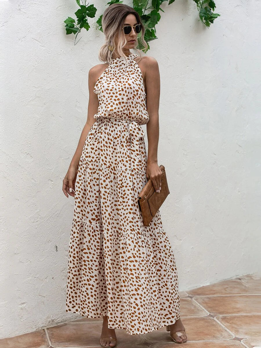 Petra – Maxikleid Damen Mit Muster Gürtel Und Trägerhals