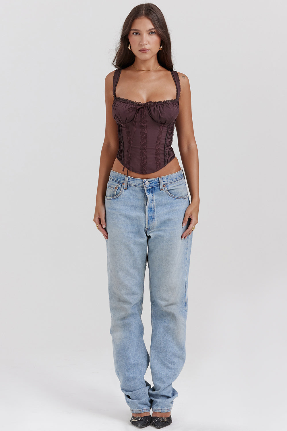 Dunkelbraunes Spitzenkorsett mit Rückenschnürung für Frauen