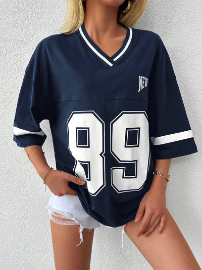 Oversized-Sport-V-Ausschnitt T-Shirt für Damen