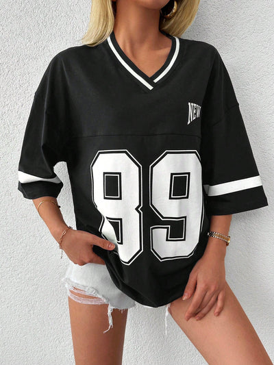 Oversized-Sport-V-Ausschnitt T-Shirt für Damen