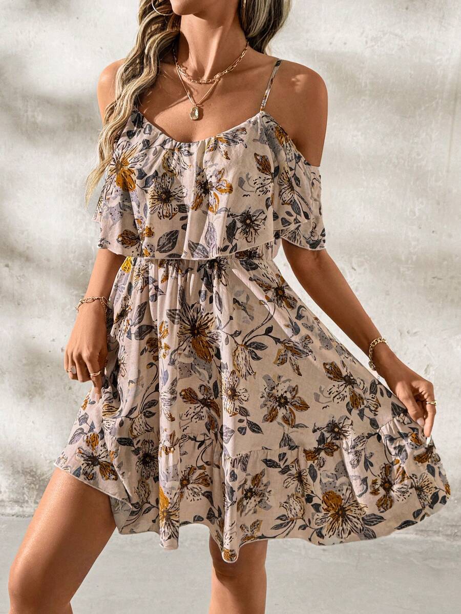 Alina – A-Linien Kleid Damen Blumendruck Carmen Ausschnitt