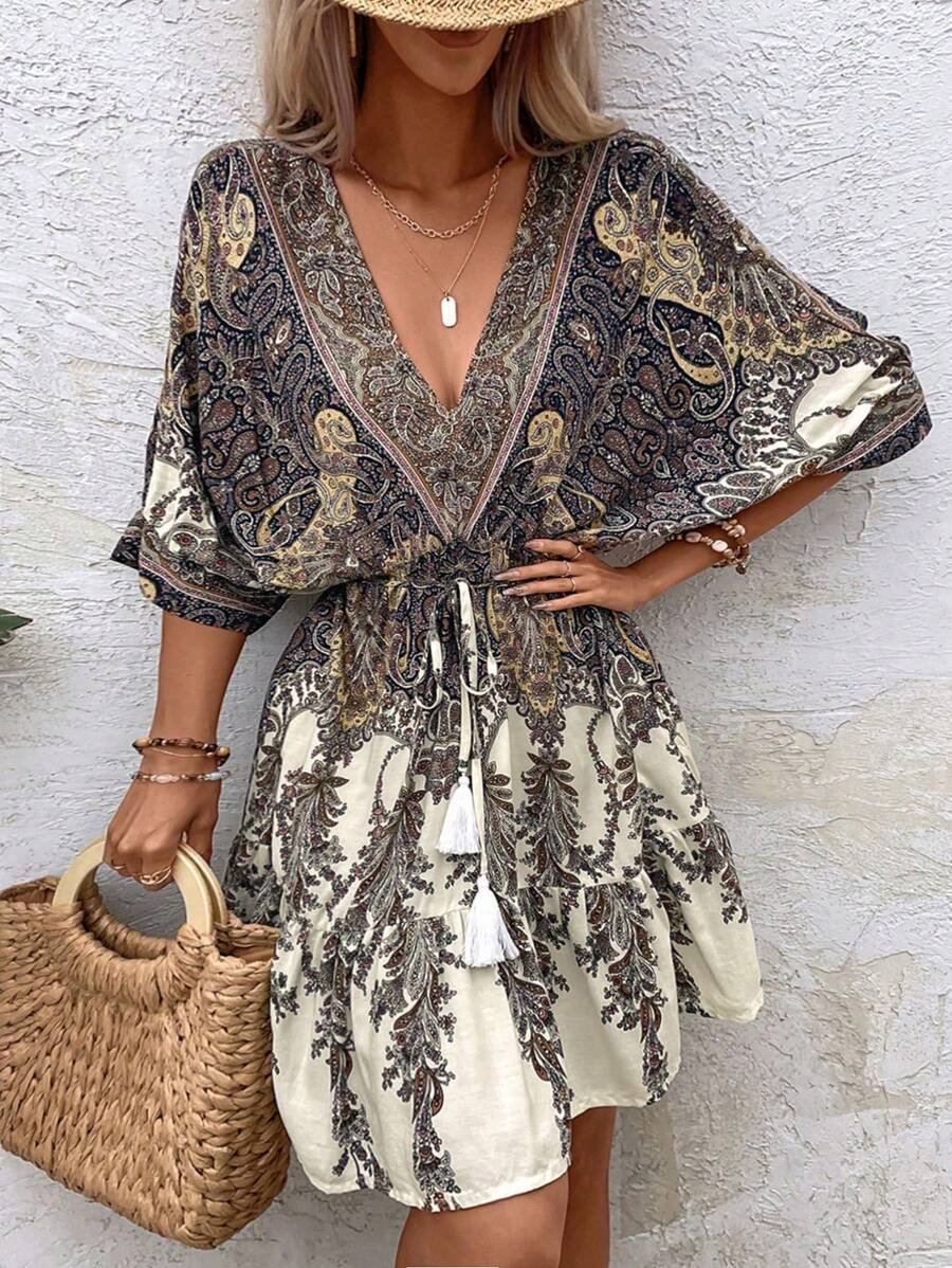 Philippa – Paisley Kleid Damen Fledermausärmel Quasten Urlaub