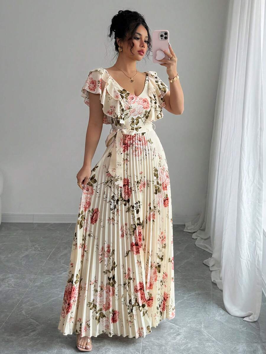 Paulina – V-Ausschnitt Damenkleid Mit Blumenprint Und Volant