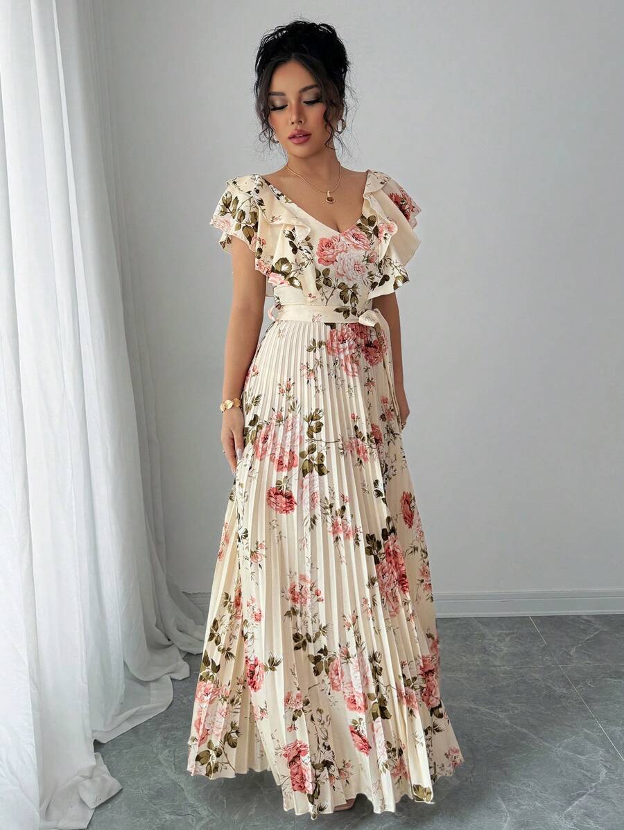 Paulina – V-Ausschnitt Damenkleid Mit Blumenprint Und Volant