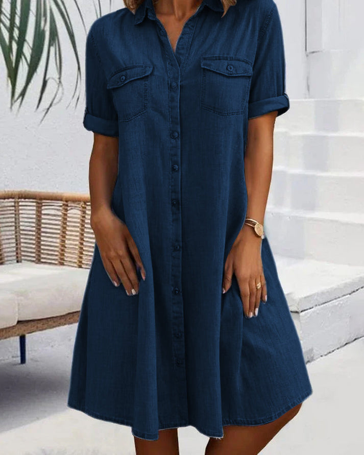 Sveta - Kurzärmeliges Denim-Kleid mit Knopfleiste
