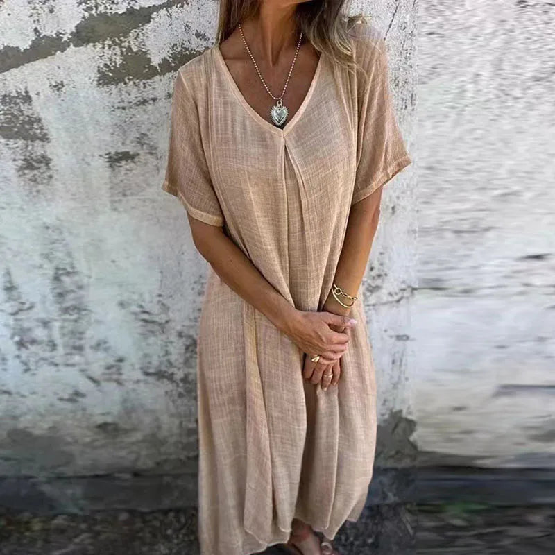 Halbamtliches Kleid aus Leinen mit V-Ausschnitt