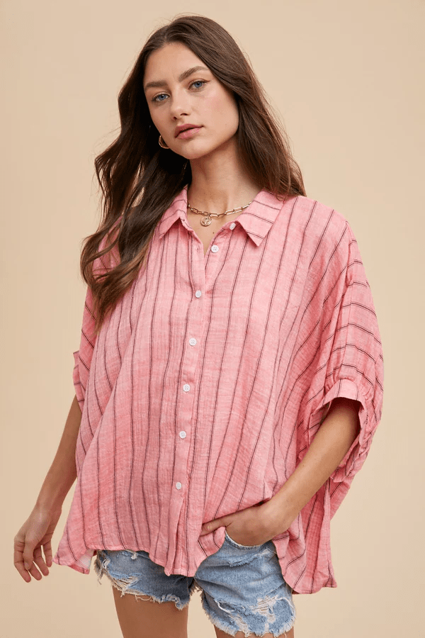 Oversize Bluse mit lässigen Streifen und luftiger Baumwolle für Frauen