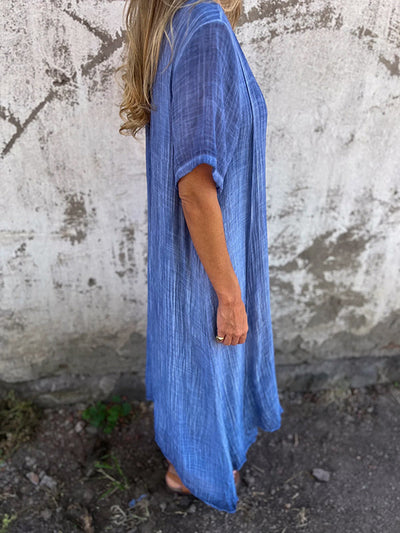 Damen Sommer Kurzen Ärmeln Maxi Leinenkleid mit V-Ausschnitt