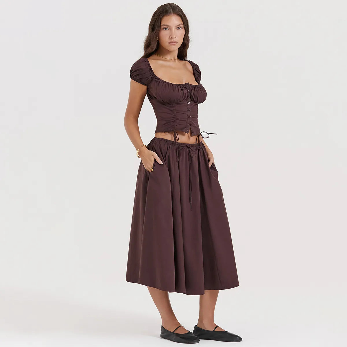 Tania - Puffärmeliges Top mit quadratischem Ausschnitt & Rock-Set