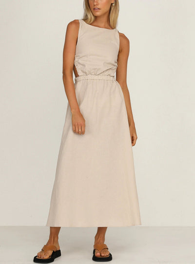 Midikleid mit Seitenschlitzen aus schwarzem Baumwoll-Leinen - Camila