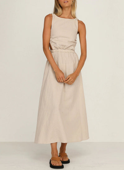 Midikleid mit Seitenschlitzen aus schwarzem Baumwoll-Leinen - Camila