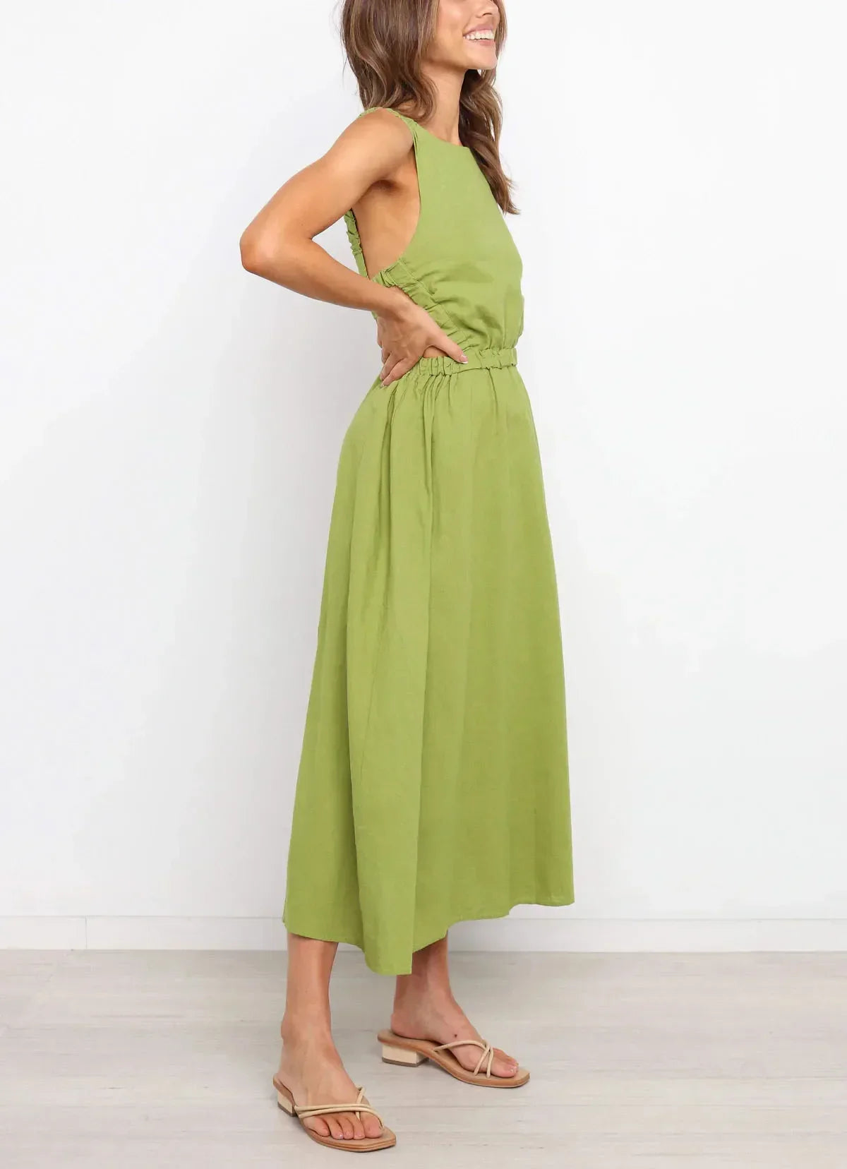 Midikleid mit Seitenschlitzen aus schwarzem Baumwoll-Leinen - Camila