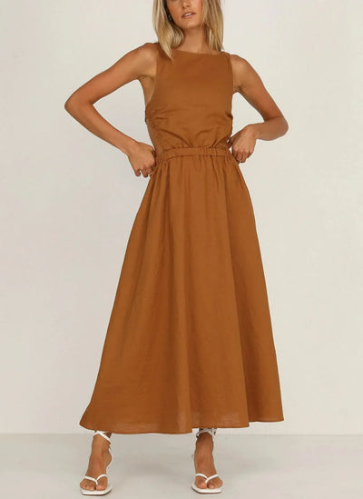 Midikleid mit Seitenschlitzen aus schwarzem Baumwoll-Leinen - Camila