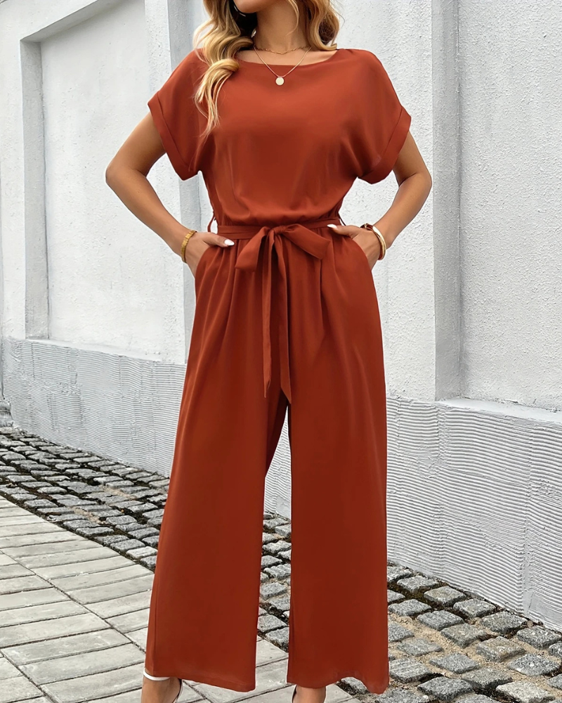 Damen Jumpsuit Mit Gürtel & Weitem Bein | Kurzarm