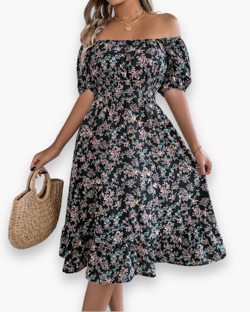 Damen Romantisches Shirred Midi Kleid | Blumenmuster