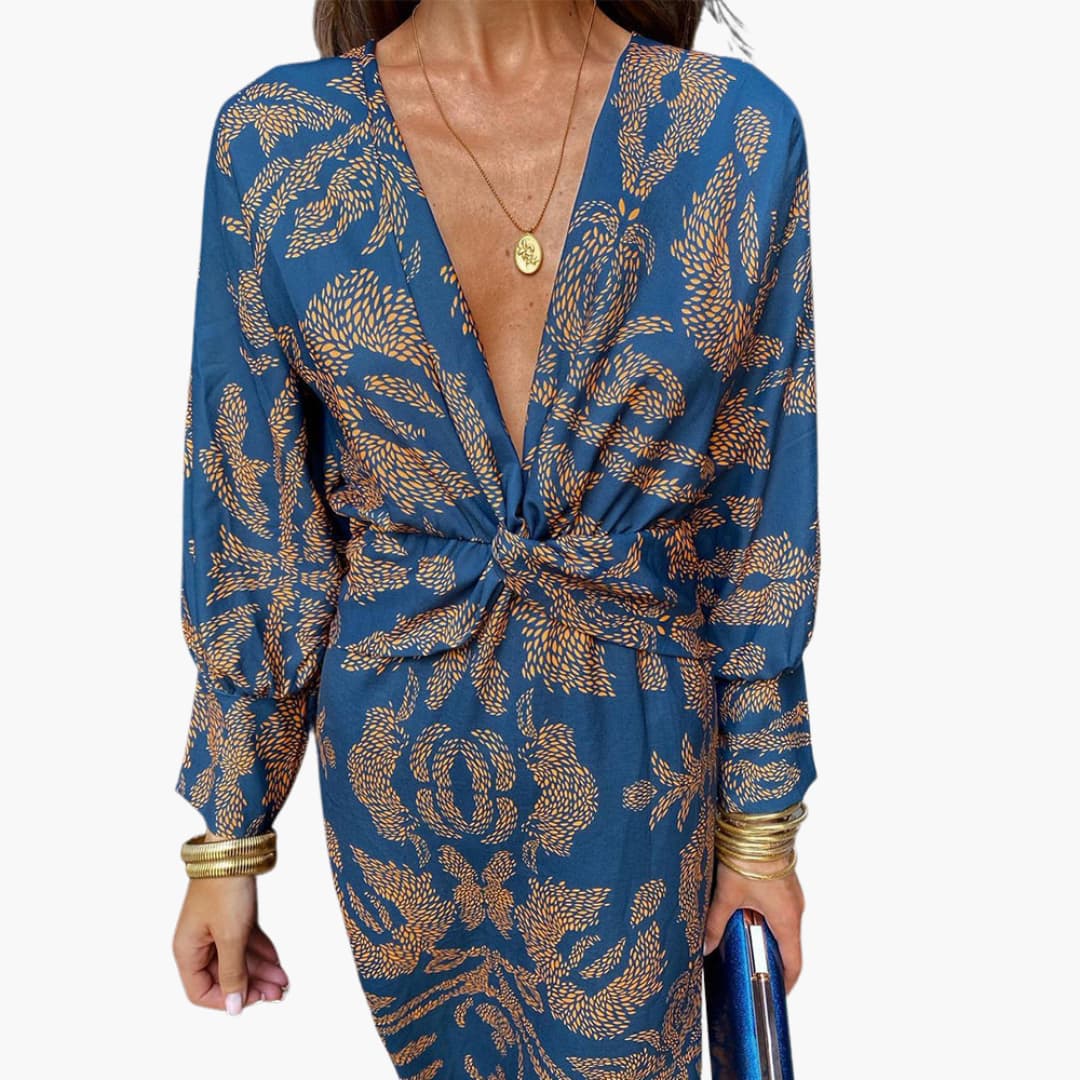 Midikleid für Damen - Blumenmuster, Langarm & V-Ausschnitt