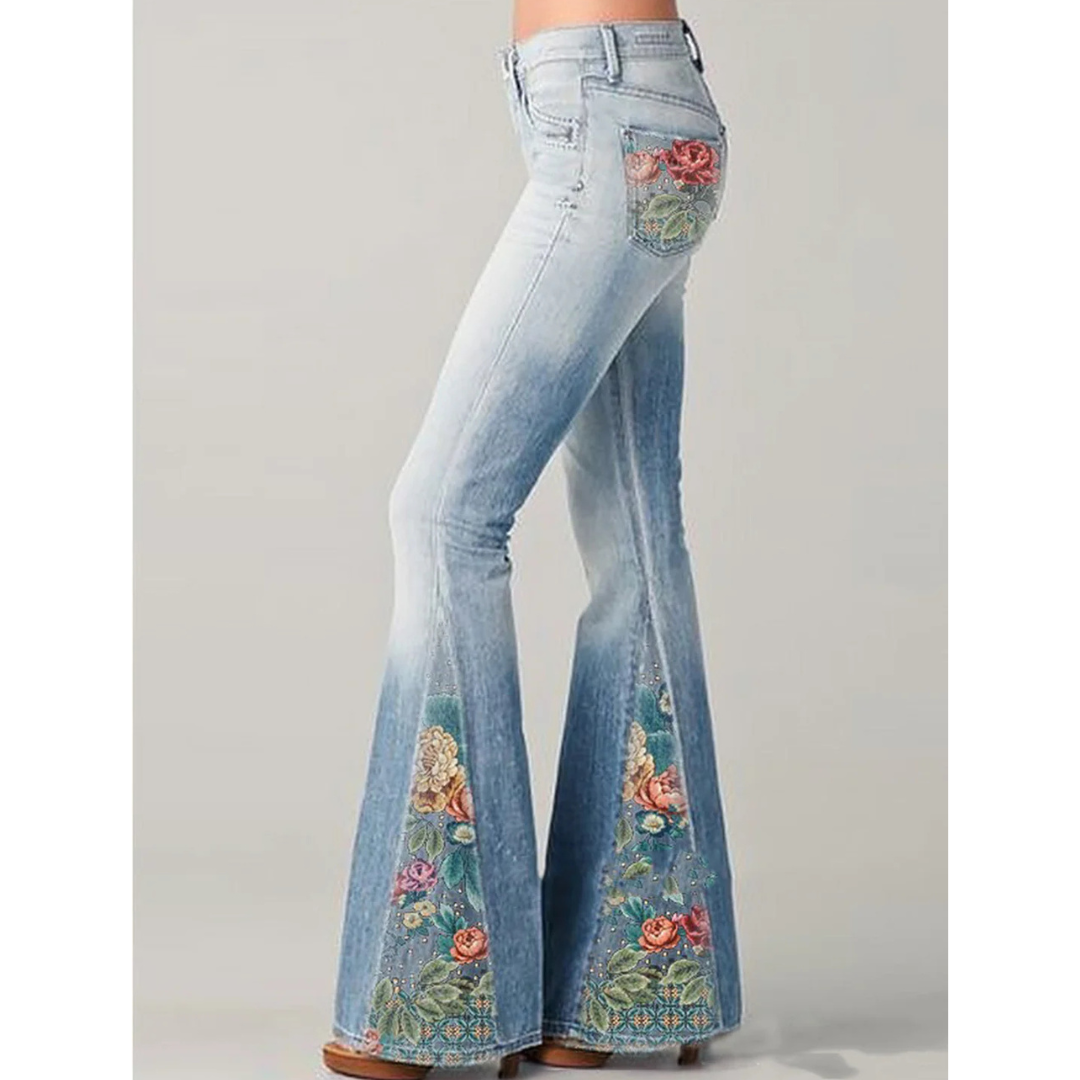 Damen Vintage Jeans – Blumenbestickt – Ausgestellt