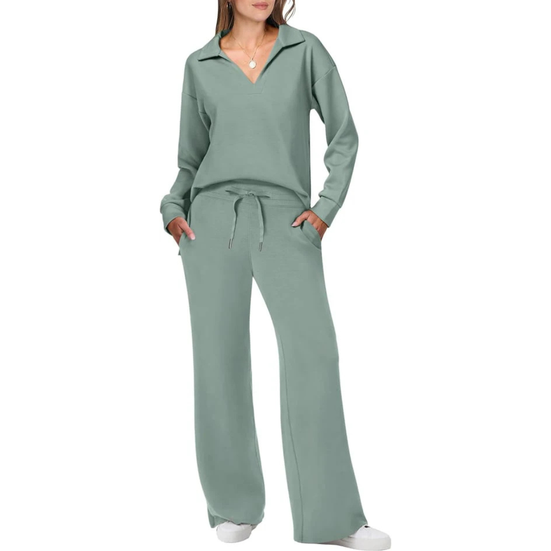Zweiteiliges Damen Set Mit V-ausschnitt Und Lockerer Hose | Schick