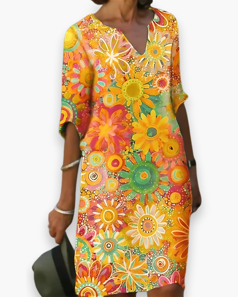 Damen Midi Kleid mit V-Ausschnitt | Blumenlook