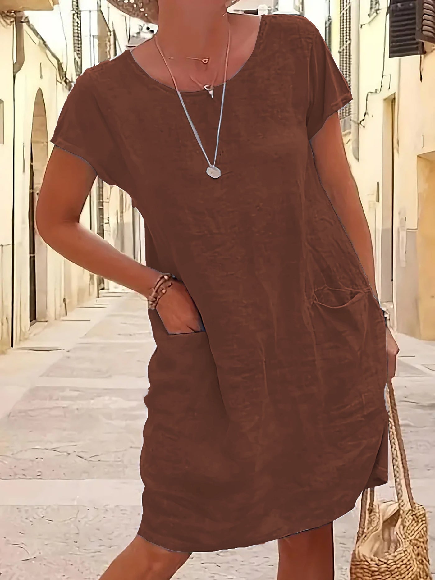 A-Linien Kleid mit Tasche – Kurzarm, Rundhals, Luftig & Sommerlich