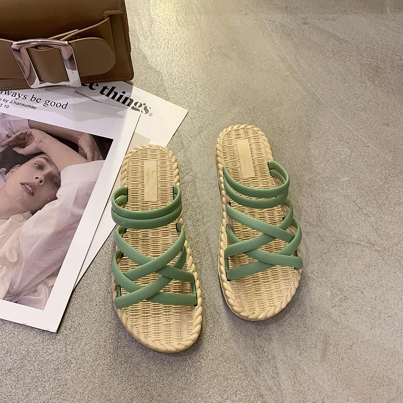 Flache Damen Sandalen mit gekreuzten Riemen Römischer Stil gelb - Soléa