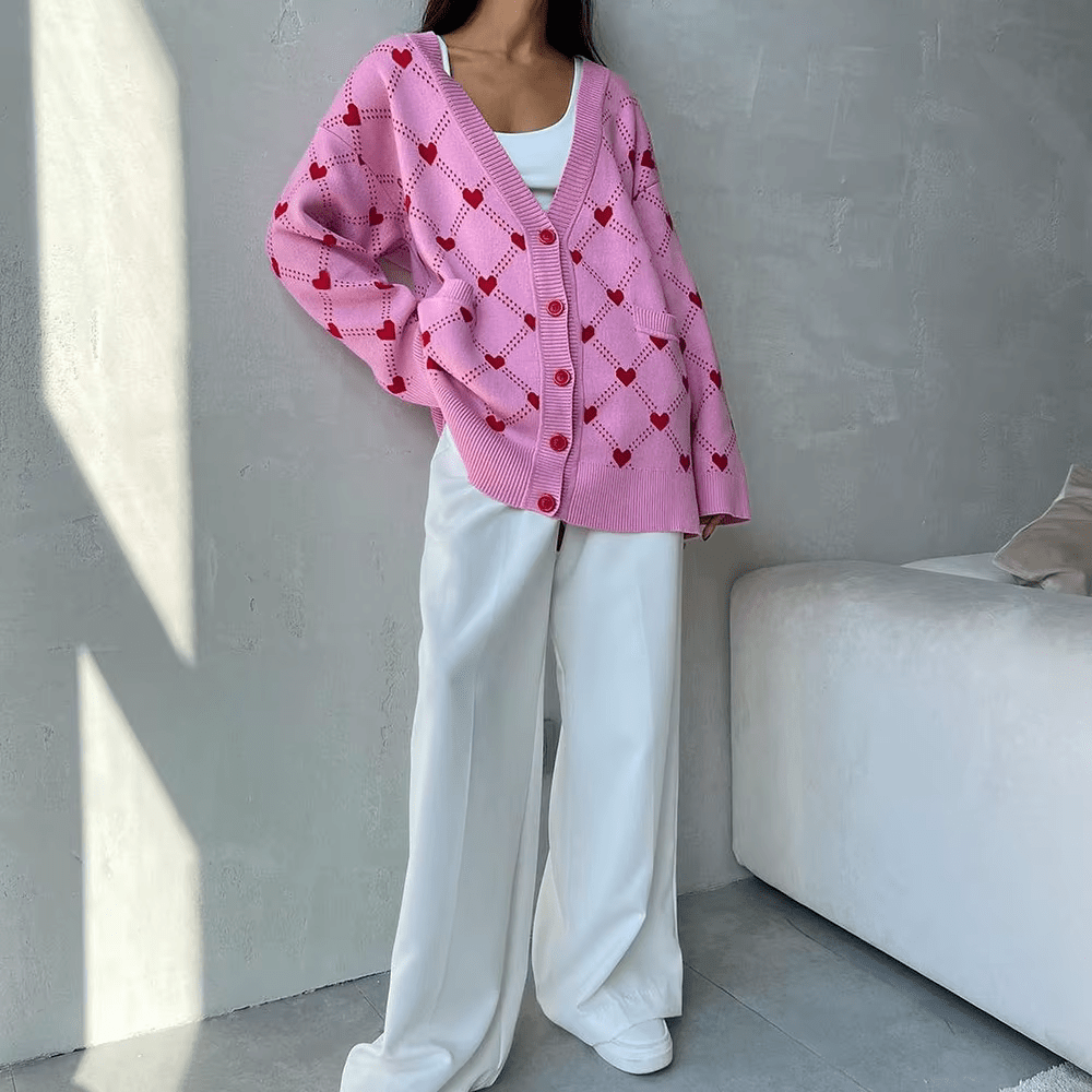 Oversize Strickjacke mit Knopfleiste und Herzmuster für Frauen