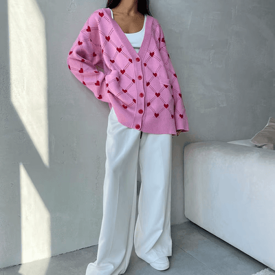 Oversize Strickjacke mit Knopfleiste und Herzmuster für Frauen