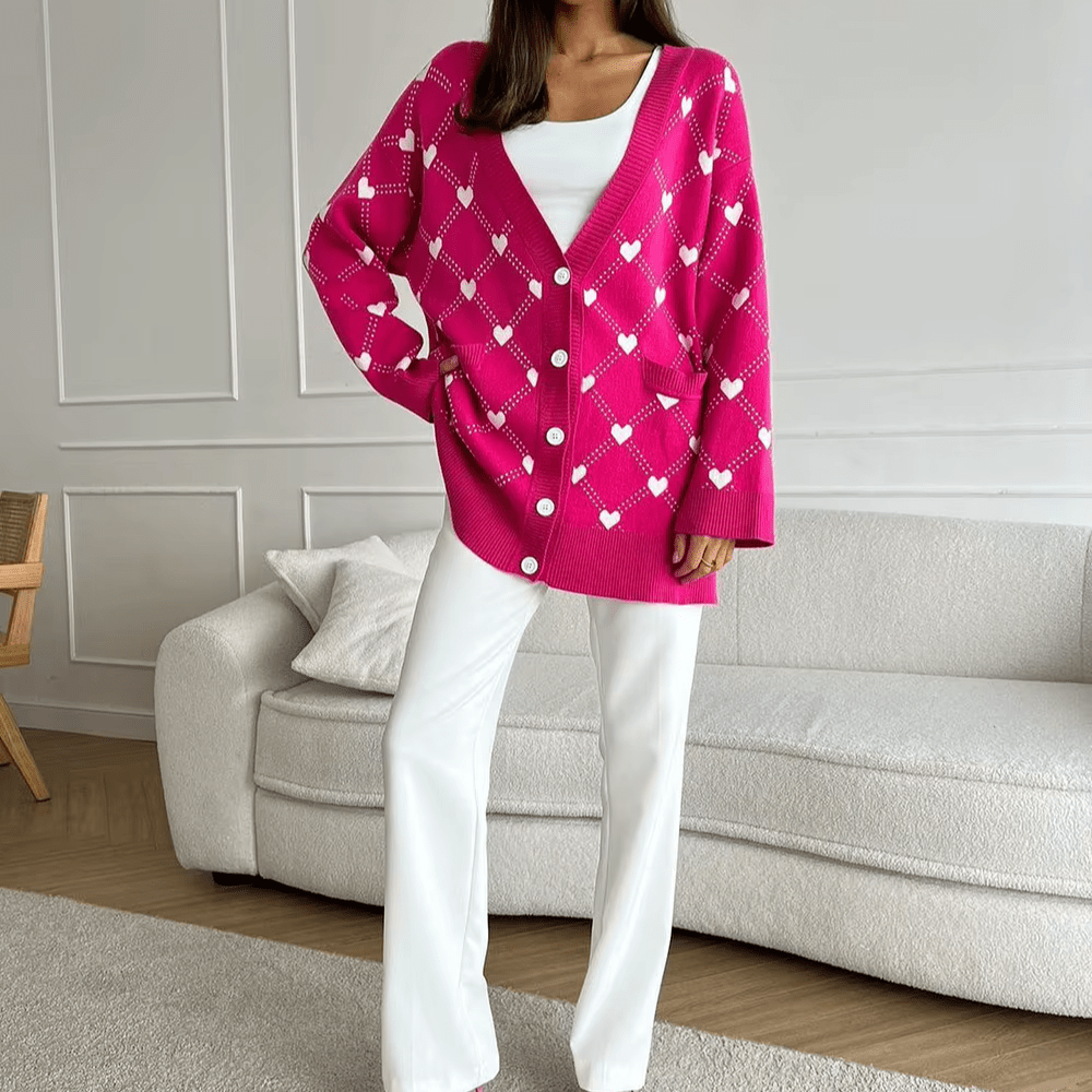 Oversize Strickjacke mit Knopfleiste und Herzmuster für Frauen