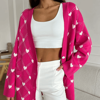 Oversize Strickjacke mit Knopfleiste und Herzmuster für Frauen