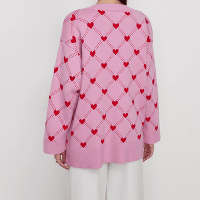 Oversize Strickjacke mit Knopfleiste und Herzmuster für Frauen