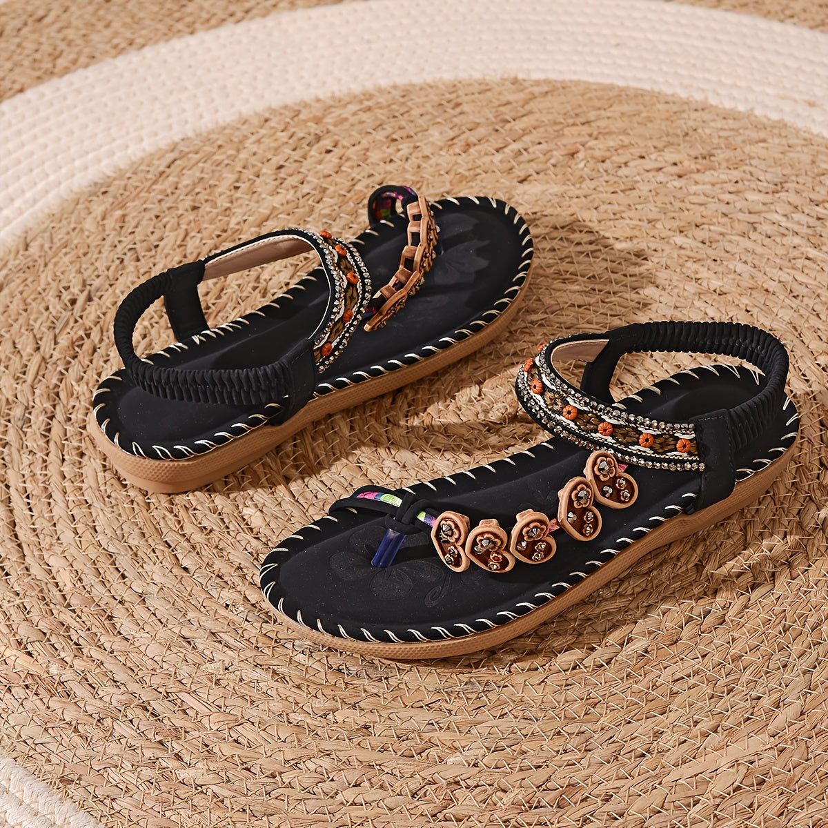 Bohème Perlen Strass Flats mit Knöchelriemen