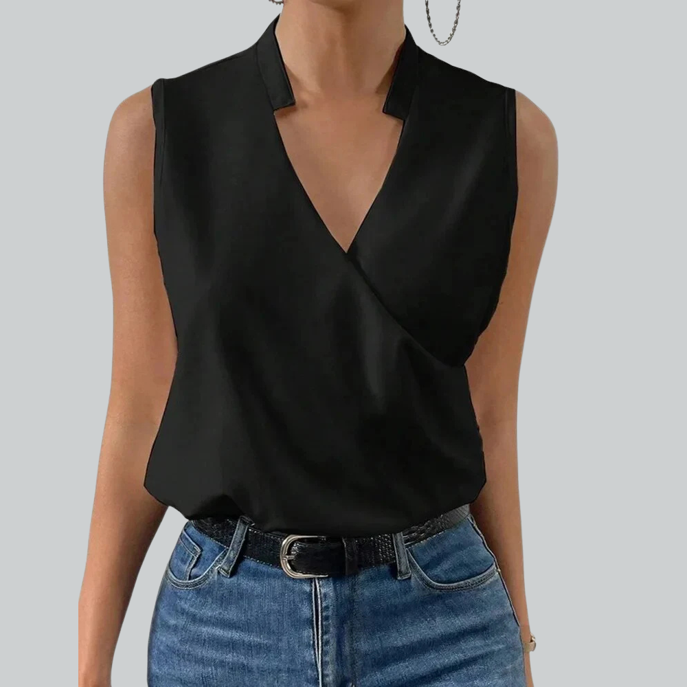 LENAE - Ärmellose Wickelbluse in Schwarz – Zeitlose Eleganz für jeden Anlass