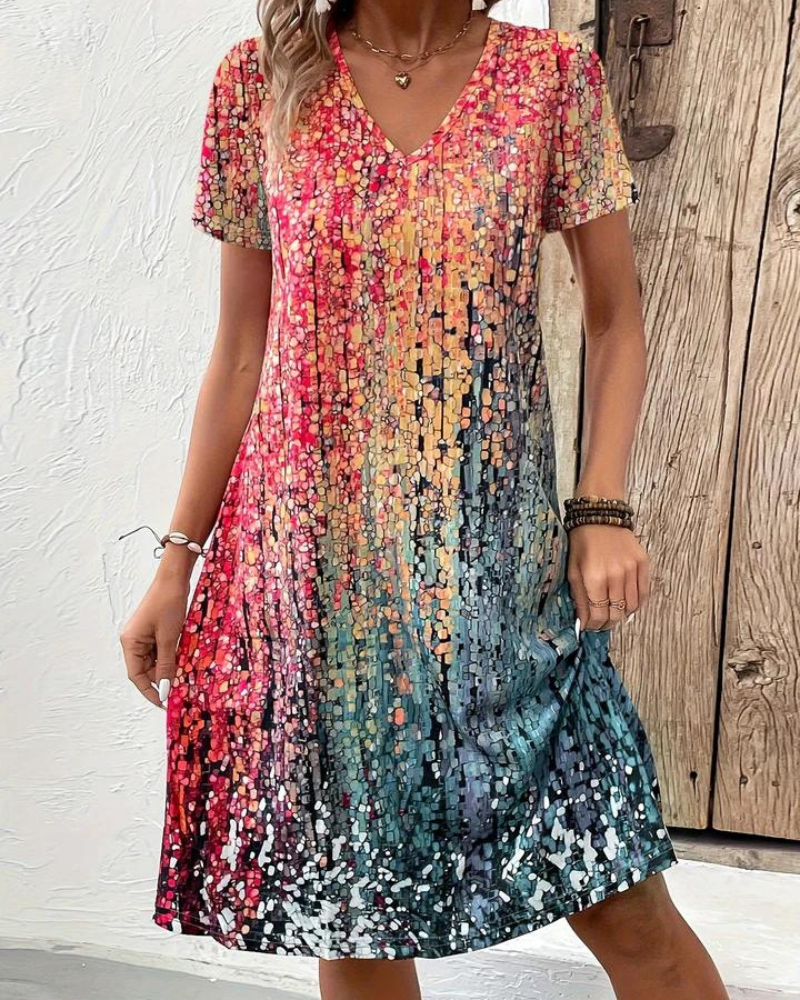 Bedrucktes V-Ausschnitt Midikleid für Damen