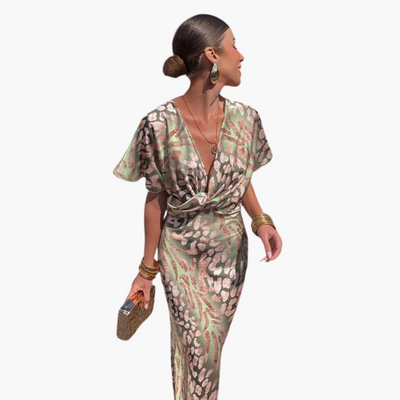 Damen knöchellanges Kleid mit V-Ausschnitt und geknotetem Front-Detail