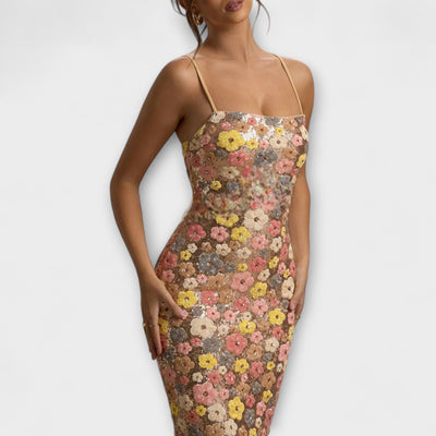 Oakley - 80er-Jahre Maxi-Kleid mit floralen Pailletten