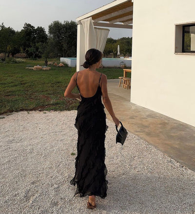 Maxikleid mit Rüschen – Figurbetontes Abendkleid mit Spaghettiträgern