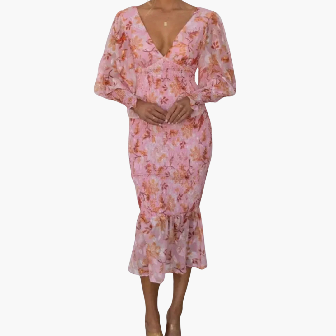 Blumen Midi Kleid mit Puffärmeln - elegantes Damen Sommerkleid