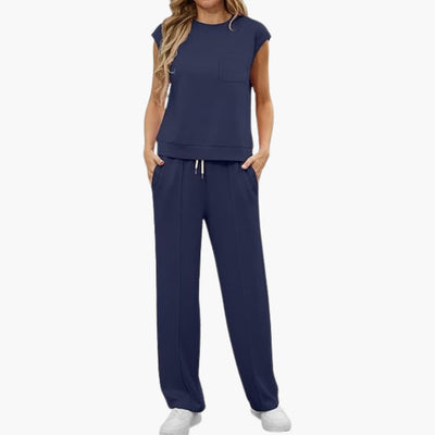 Zweiteiliges Sommer Set für Damen mit Kappärmeln und Taschen