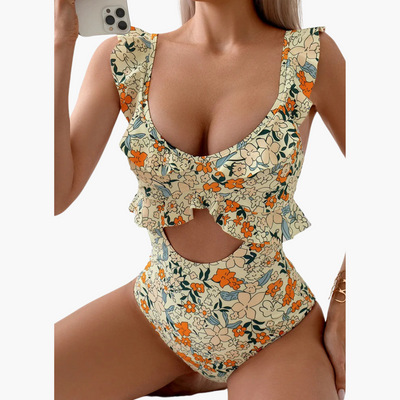 Badeanzug Damen - Floraler Einteiler mit Rüschen & Cut-Out