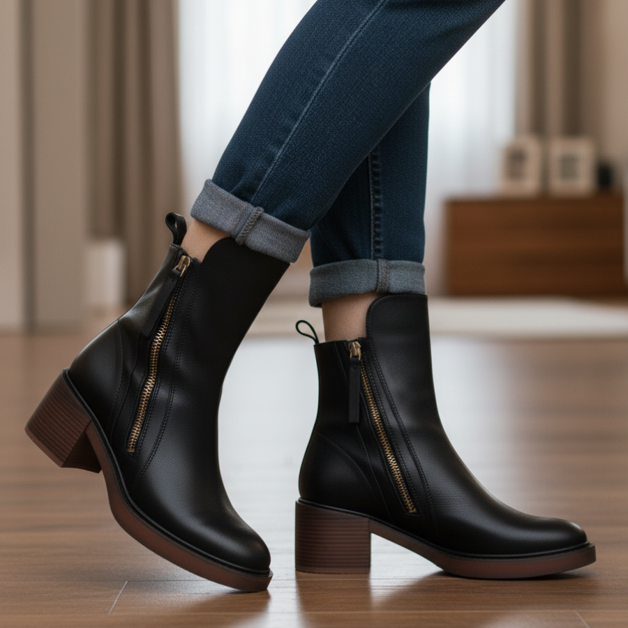 Valorine™ | Schwarze Lederstiefel mit bequemem Absatz, elegant und zeitlos