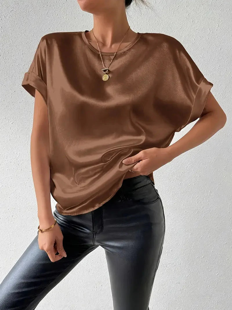 T Shirt mit Satin Finish und aufgerollten Ärmeln für Frauen