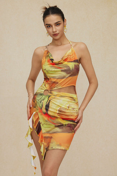 Mira | Asymmetrischer Seitenschlitz Neckholder-Minikleid mit Kunstdruck